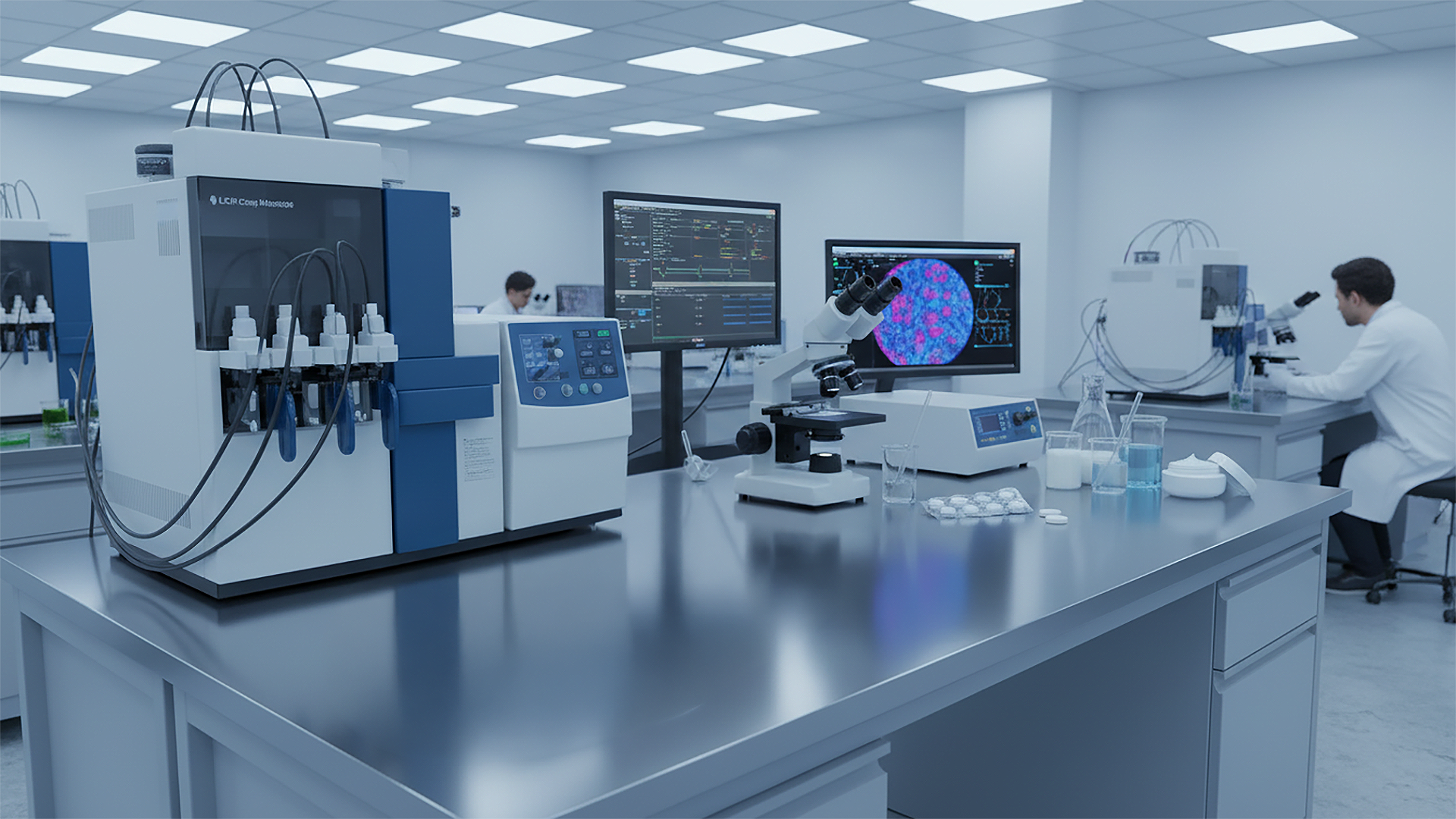 Modernes Labor mit analytischen Pr&uuml;fger&auml;ten, Computer-Workstations und Probenmaterial auf einer Edelstahl-Arbeitsfl&auml;che. Die Szene vermittelt kontrollierte Reinraumbedingungen und datenbasierte Qualit&auml;tssicherung f&uuml;r Pharma- und Biotech-Anwendungen &ndash; ideal f&uuml;r unabh&auml;ngige Pr&uuml;fleistungen, Freigabetests, Methodenvalidierung und regulatorisch belastbare Ergebnisse.