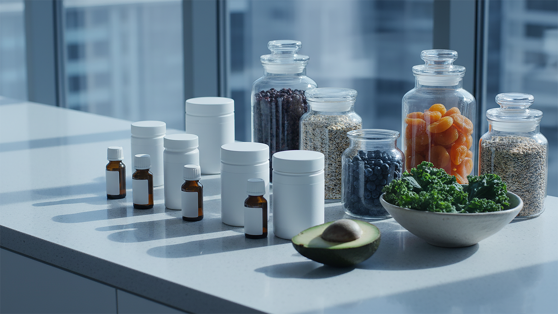 Auf einer hellen Laborarbeitsfläche stehen braune Probenfläschchen, weiße Primärverpackungen und Glasbehälter mit Rohstoffen; daneben Avocado und eine Schale mit Grünkohl. Das Motiv vermittelt GMP-nahe Analytik, Wareneingangs- und Freigabeprüfungen sowie Stabilitäts- und Reinheitsanalysen für regulierte Nahrungsergänzungsmittel. Auf einer hellen Laborarbeitsfläche stehen braune Probenfläschchen, weiße Primärverpackungen und Glasbehälter mit Rohstoffen; daneben Avocado und eine Schale mit Grünkohl. Das Motiv vermittelt GMP-nahe Analytik, Wareneingangs- und Freigabeprüfungen sowie Stabilitäts- und Reinheitsanalysen für regulierte Nahrungsergänzungsmittel.