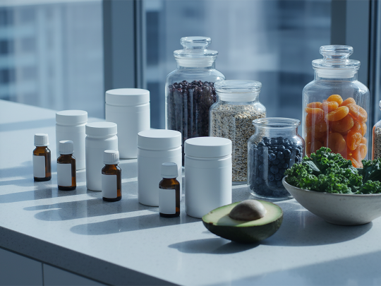 Auf einer hellen Laborarbeitsfl&auml;che stehen braune Probenfl&auml;schchen, wei&szlig;e Prim&auml;rverpackungen und Glasbeh&auml;lter mit Rohstoffen; daneben Avocado und eine Schale mit Gr&uuml;nkohl. Das Motiv vermittelt GMP-nahe Analytik, Wareneingangs- und Freigabepr&uuml;fungen sowie Stabilit&auml;ts- und Reinheitsanalysen f&uuml;r regulierte Nahrungserg&auml;nzungsmittel.