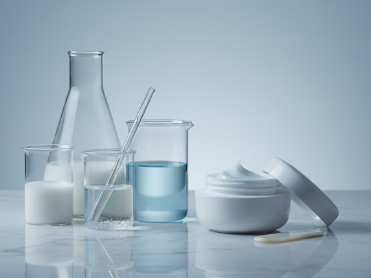 Stillleben mit transparenter Laborglasware und Kosmetikdose auf heller Fl&auml;che: Messbecher, Reagenzglas und Kolben mit wei&szlig;er und blauer Fl&uuml;ssigkeit, daneben eine ge&ouml;ffnete Creme. Ideal zur Visualisierung von Qualit&auml;tskontrolle, Inhaltsstoffpr&uuml;fung und unabh&auml;ngiger Pr&uuml;fung in regulierten Branchen.